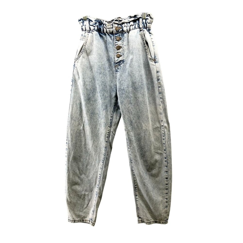 Zara‎ High Rise Tapered Jeans Womens 4 Blue Acid Wash Paper Bag Relaxed Button